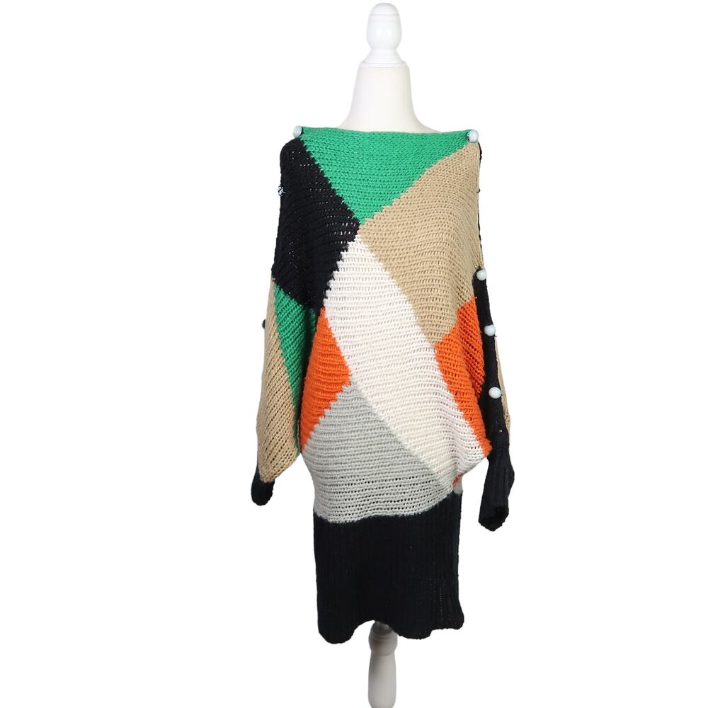 Vintage Y2K green orange colorblock slouchy knit sweater S - Picture 3 of 7